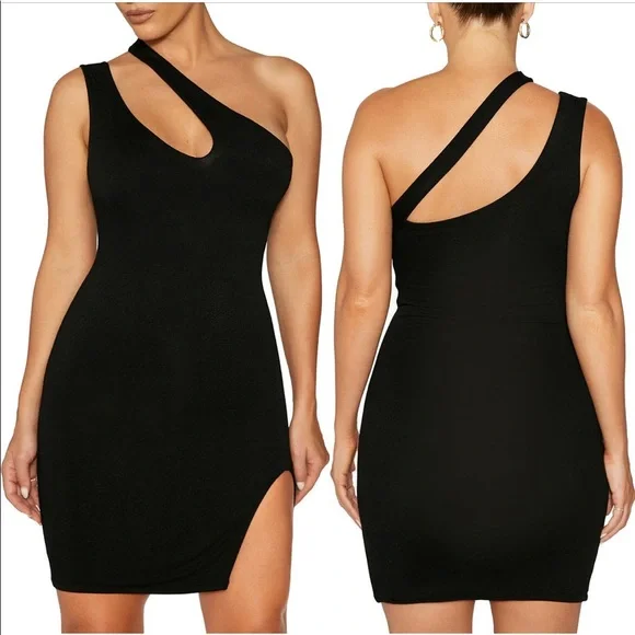 Naked Wardrobe One-Shoulder Cutout Sheath Minidress in Black at Nordstrom, Size Medium